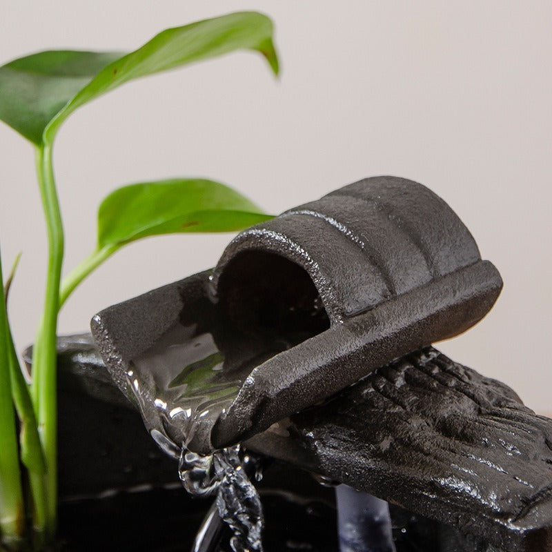 Mini Zen Ceramic Round Desktop Fish Tank, Flowing Water Fountain, Humidifier & Money Tree Decor with Waterfall Spray