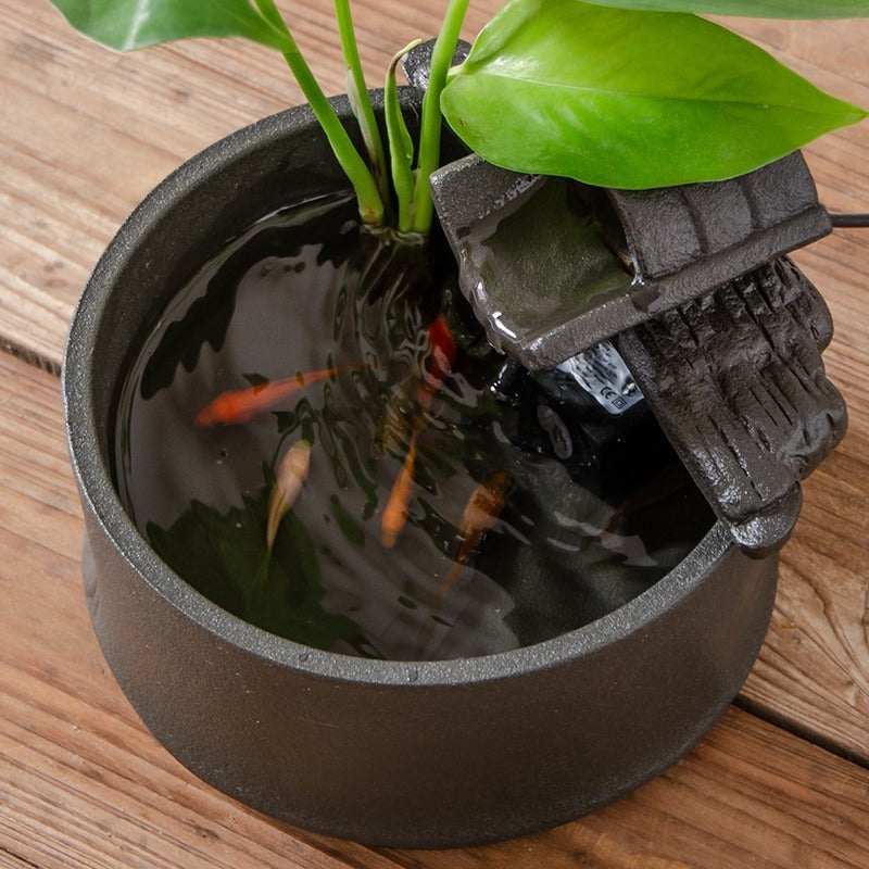 Mini Zen Ceramic Round Desktop Fish Tank, Flowing Water Fountain, Humidifier & Money Tree Decor with Waterfall Spray
