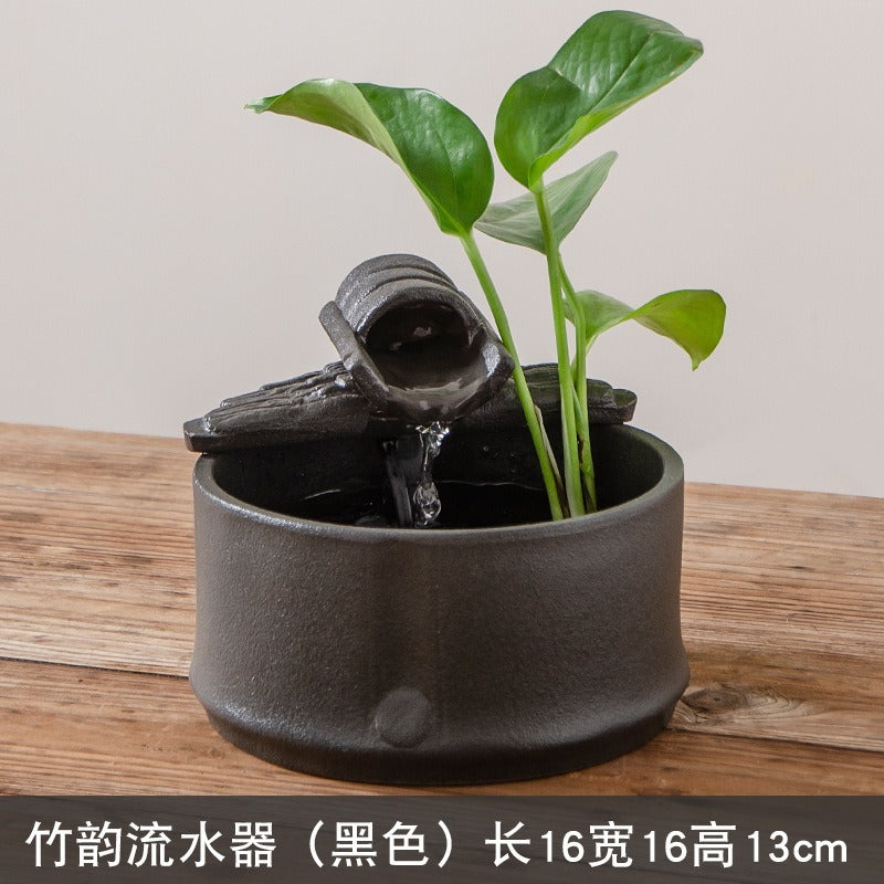 Mini Zen Ceramic Round Desktop Fish Tank, Flowing Water Fountain, Humidifier & Money Tree Decor with Waterfall Spray