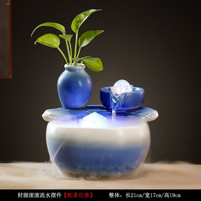 Zen Chinese Ceramic Waterfall Fountain Ornament, Blue Glazed Landscape Decor with Flowing Water & Humidifier