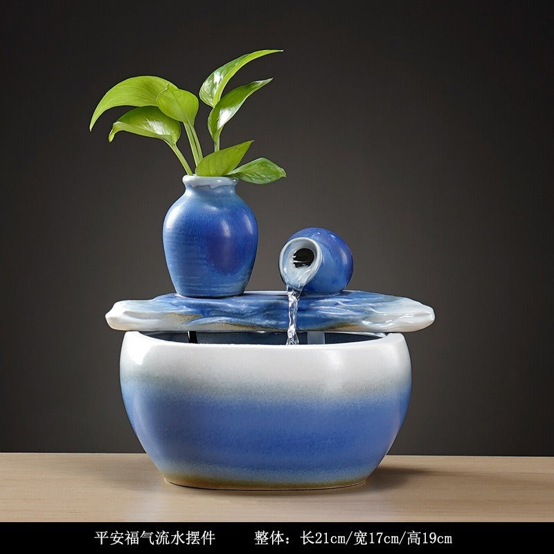 Zen Chinese Ceramic Waterfall Fountain Ornament, Blue Glazed Landscape Decor with Flowing Water & Humidifier