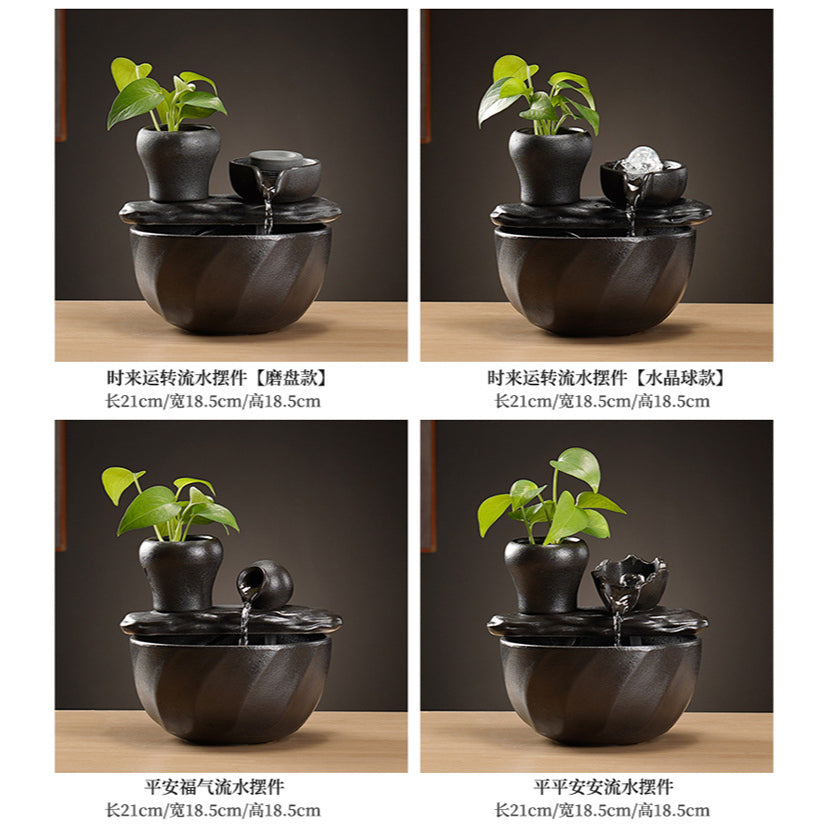 Tabletop Water Fountain with Plant Pot | Indoor Feng Shui Decor
