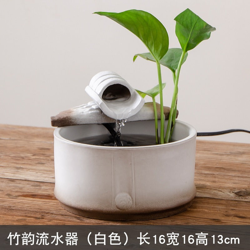 Mini Zen Ceramic Round Desktop Fish Tank, Flowing Water Fountain, Humidifier & Money Tree Decor with Waterfall Spray