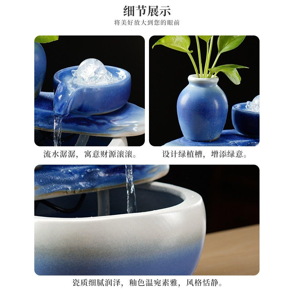 Zen Chinese Ceramic Waterfall Fountain Ornament, Blue Glazed Landscape Decor with Flowing Water & Humidifier