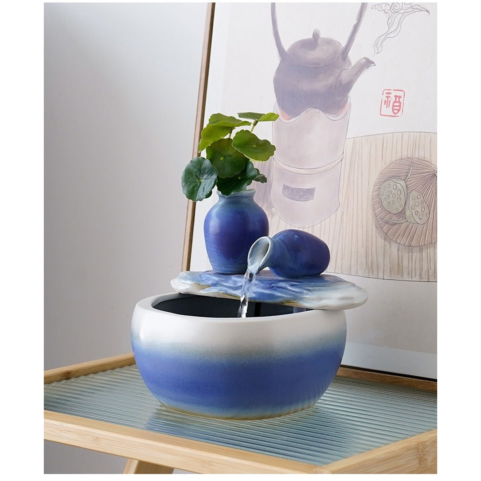 Zen Chinese Ceramic Waterfall Fountain Ornament, Blue Glazed Landscape Decor with Flowing Water & Humidifier