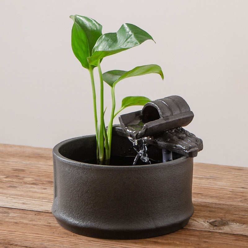 Mini Zen Ceramic Round Desktop Fish Tank, Flowing Water Fountain, Humidifier & Money Tree Decor with Waterfall Spray