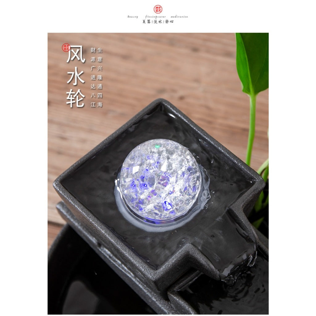 Ceramic Round Desktop Fish Tank with Water Pump, Automatic Flowing Water Fountain, Office & Living Room Water Landscape