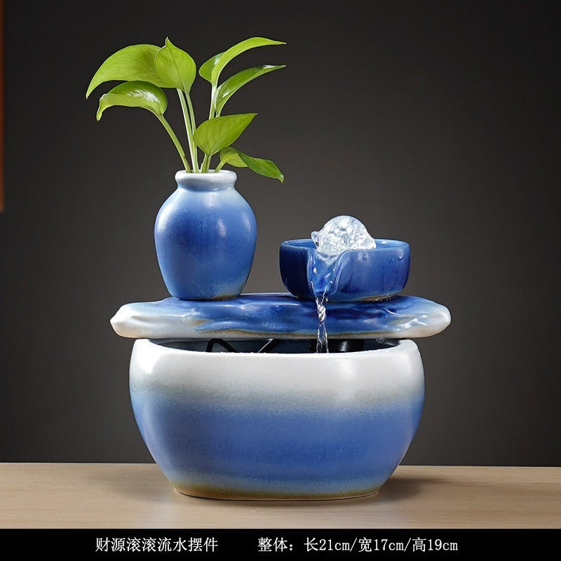 Zen Chinese Ceramic Waterfall Fountain Ornament, Blue Glazed Landscape Decor with Flowing Water & Humidifier