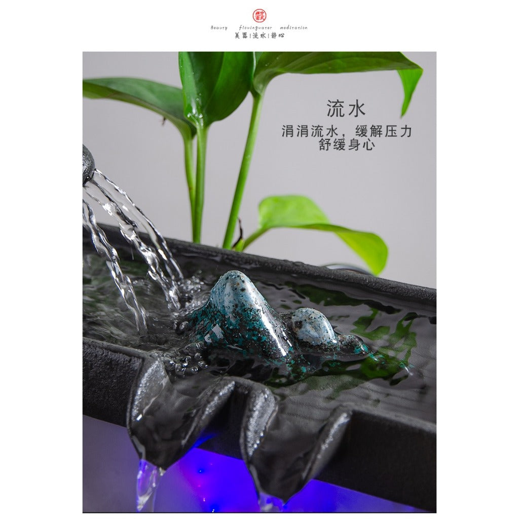 Chinese Zen Ceramic Small Fish Tank with Water Pump, Flowing Water Fountain, Micro Landscape Decor Ornament