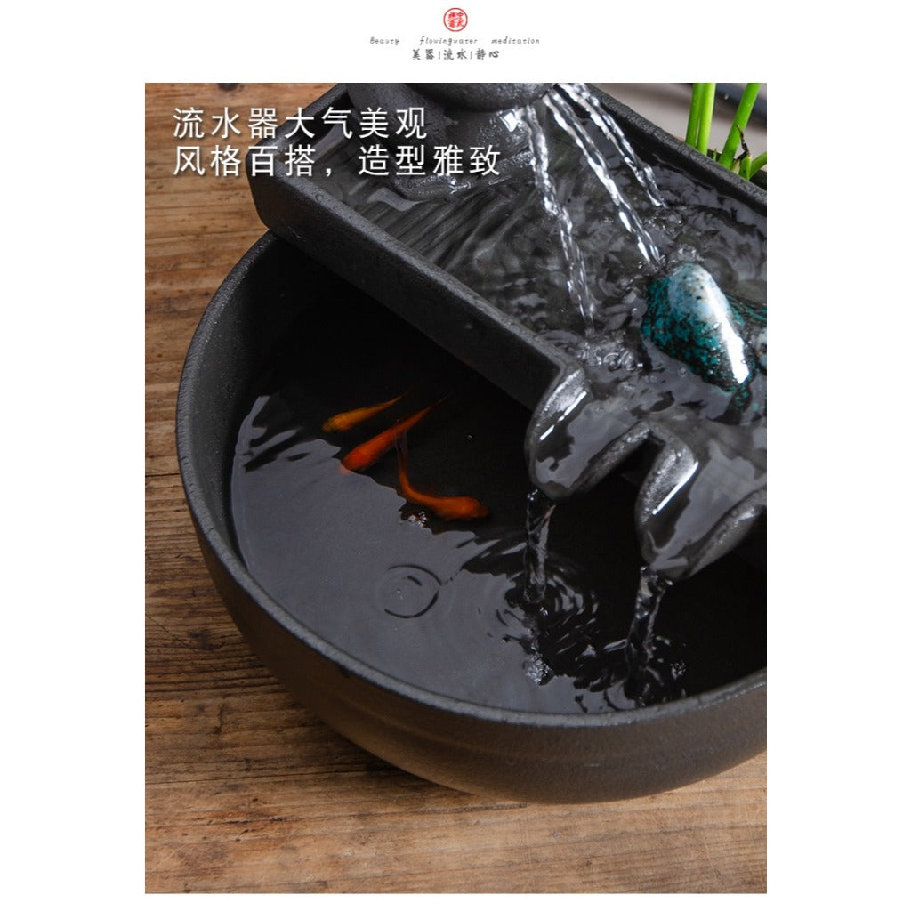 Chinese Zen Ceramic Small Fish Tank with Water Pump, Flowing Water Fountain, Micro Landscape Decor Ornament