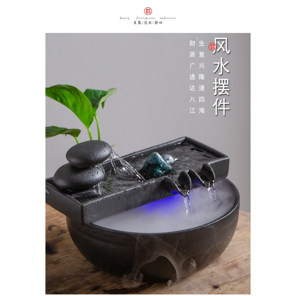 Chinese Zen Ceramic Small Fish Tank with Water Pump, Flowing Water Fountain, Micro Landscape Decor Ornament
