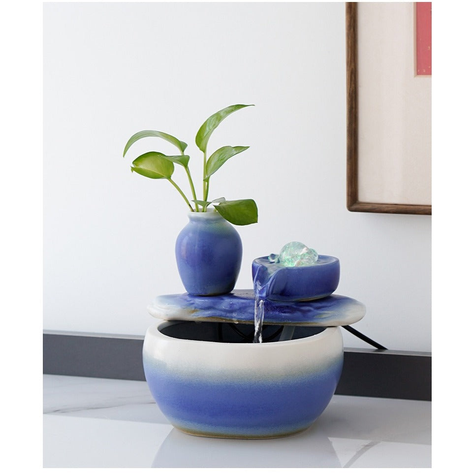 Zen Chinese Ceramic Waterfall Fountain Ornament, Blue Glazed Landscape Decor with Flowing Water & Humidifier
