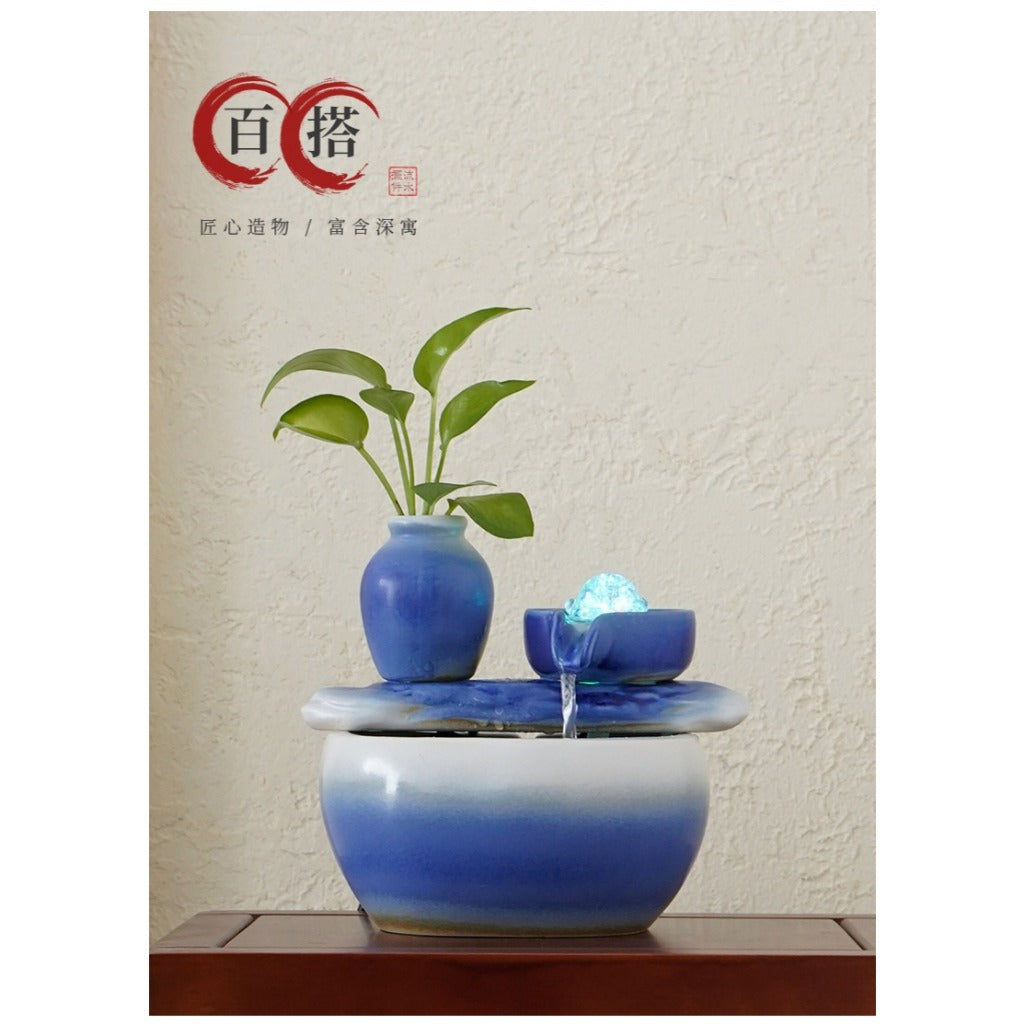 Zen Chinese Ceramic Waterfall Fountain Ornament, Blue Glazed Landscape Decor with Flowing Water & Humidifier