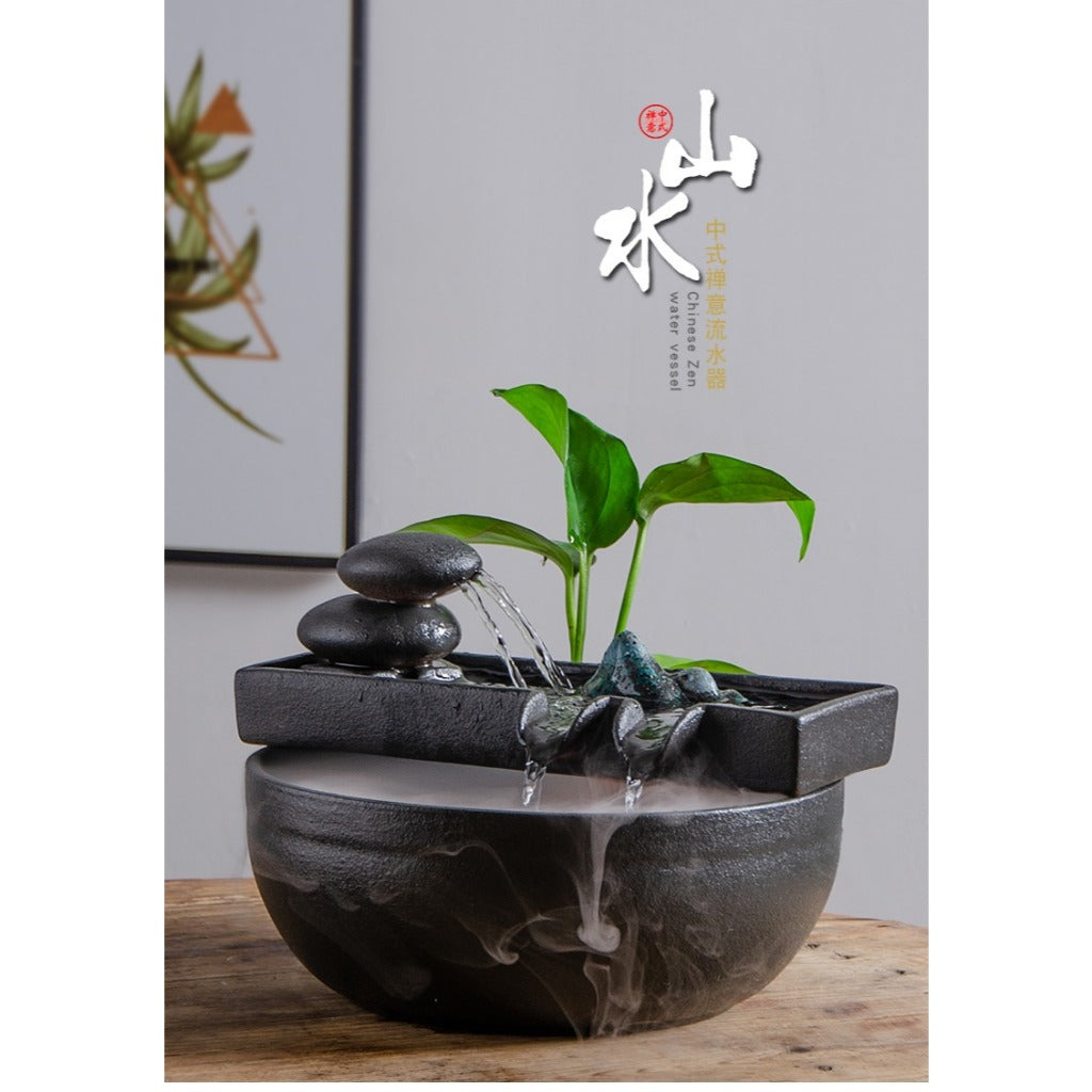 Chinese Zen Ceramic Small Fish Tank with Water Pump, Flowing Water Fountain, Micro Landscape Decor Ornament