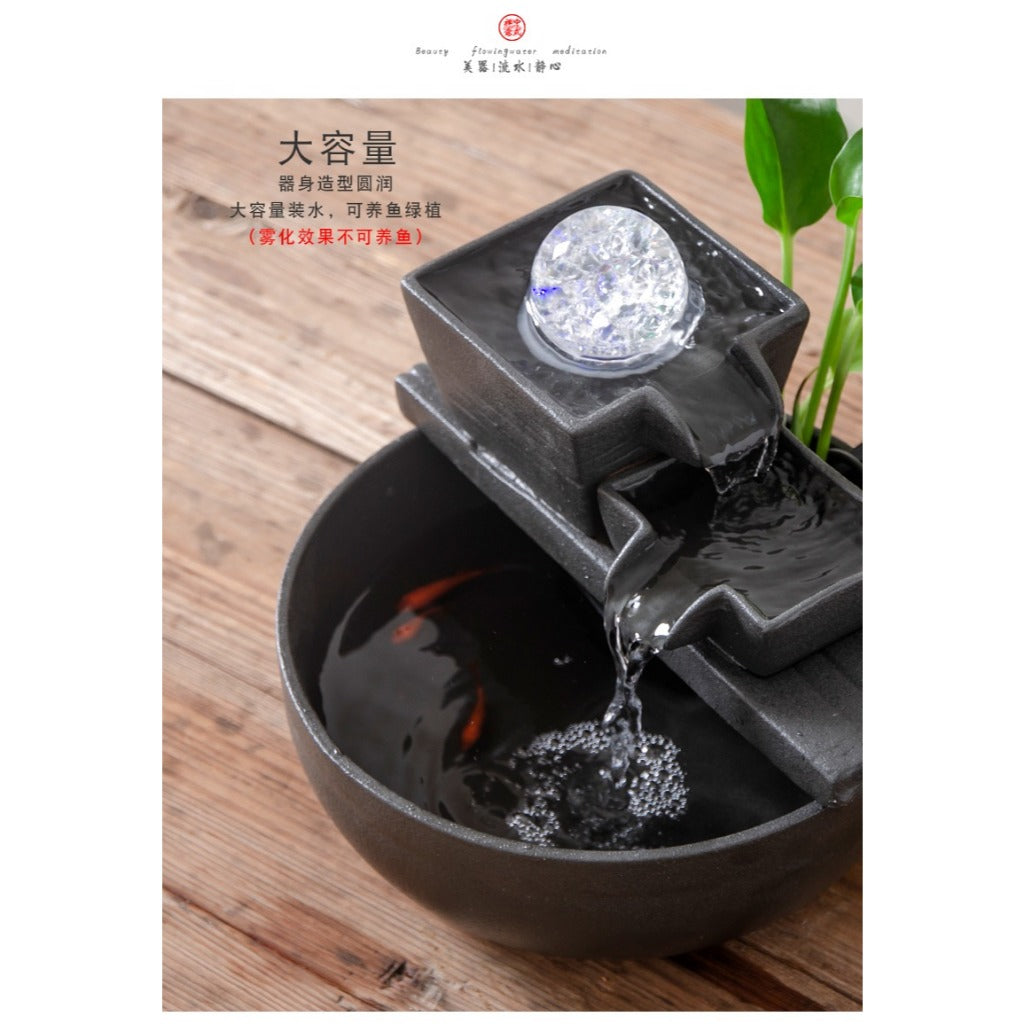Ceramic Round Desktop Fish Tank with Water Pump, Automatic Flowing Water Fountain, Office & Living Room Water Landscape