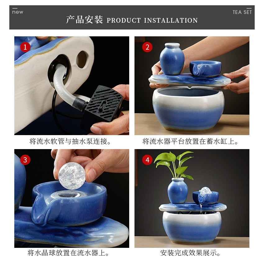 Zen Chinese Ceramic Waterfall Fountain Ornament, Blue Glazed Landscape Decor with Flowing Water & Humidifier