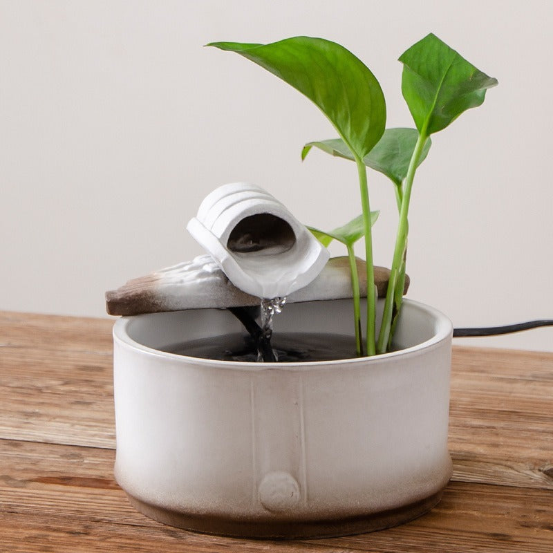 Mini Zen Ceramic Round Desktop Fish Tank, Flowing Water Fountain, Humidifier & Money Tree Decor with Waterfall Spray