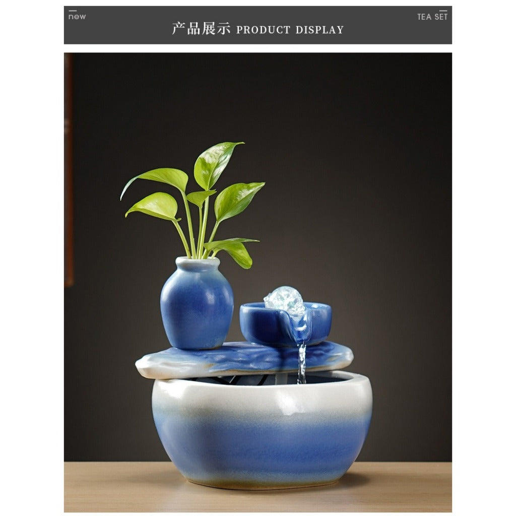 Zen Chinese Ceramic Waterfall Fountain Ornament, Blue Glazed Landscape Decor with Flowing Water & Humidifier