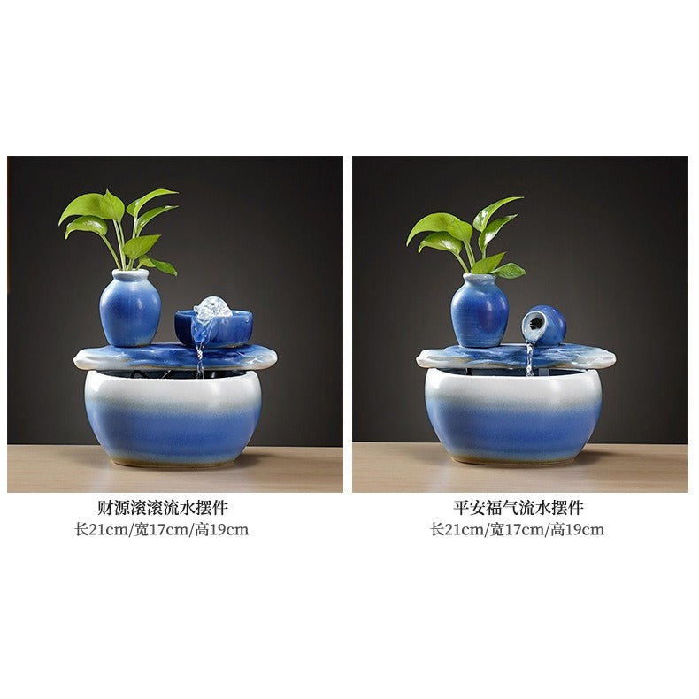 Zen Chinese Ceramic Waterfall Fountain Ornament, Blue Glazed Landscape Decor with Flowing Water & Humidifier