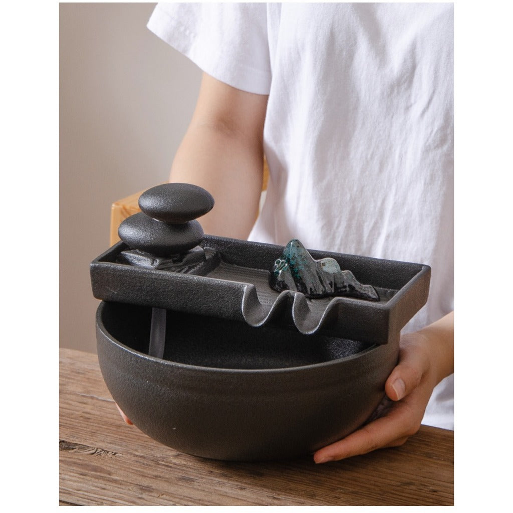 Chinese Zen Ceramic Small Fish Tank with Water Pump, Flowing Water Fountain, Micro Landscape Decor Ornament