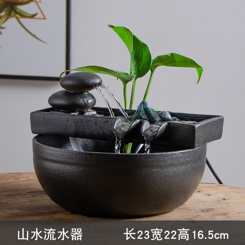 Chinese Zen Ceramic Small Fish Tank with Water Pump, Flowing Water Fountain, Micro Landscape Decor Ornament
