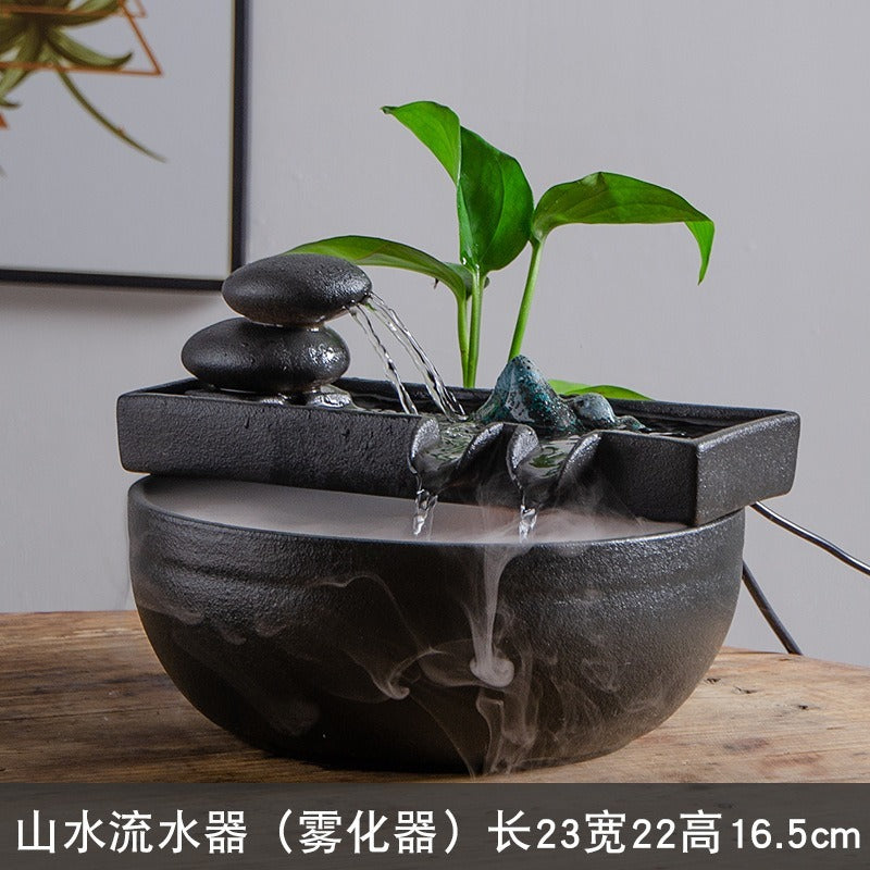 Chinese Zen Ceramic Small Fish Tank with Water Pump, Flowing Water Fountain, Micro Landscape Decor Ornament