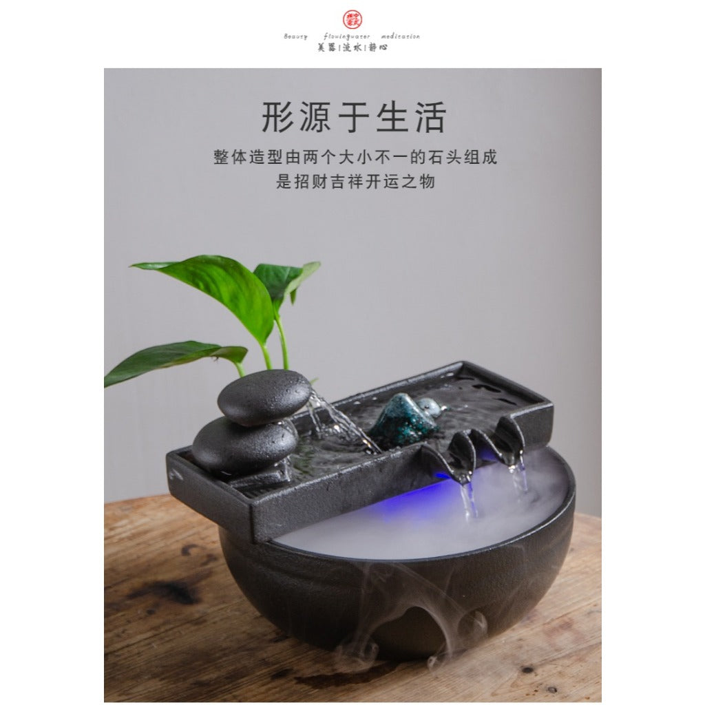 Chinese Zen Ceramic Small Fish Tank with Water Pump, Flowing Water Fountain, Micro Landscape Decor Ornament