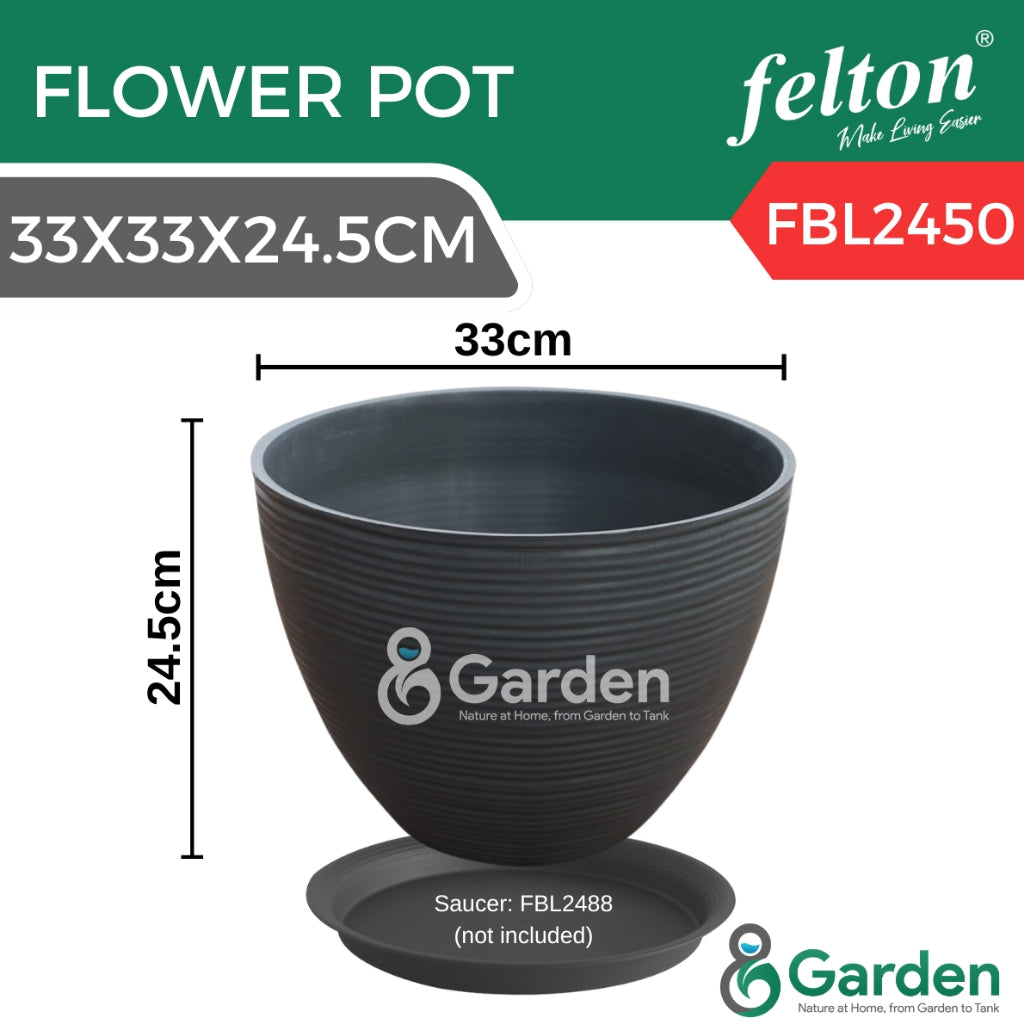 Felton Flower Pot FBL2450 – 33x33x24.5cm (Round, Ribbed Design, Durable Plastic)