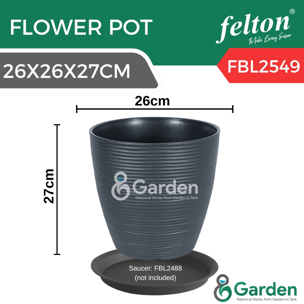 Felton Flower Pot FBL2549 – 26x26x27cm (Tall Round, Ribbed Design, Durable Plastic)