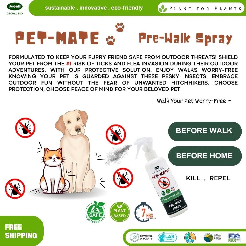 Jecall-Bio PET-MATE Pre-Walk Spray 250ml – Ubat Kutu Semula Jadi, Repellent Kutu & Hama untuk Anjing & Kucing