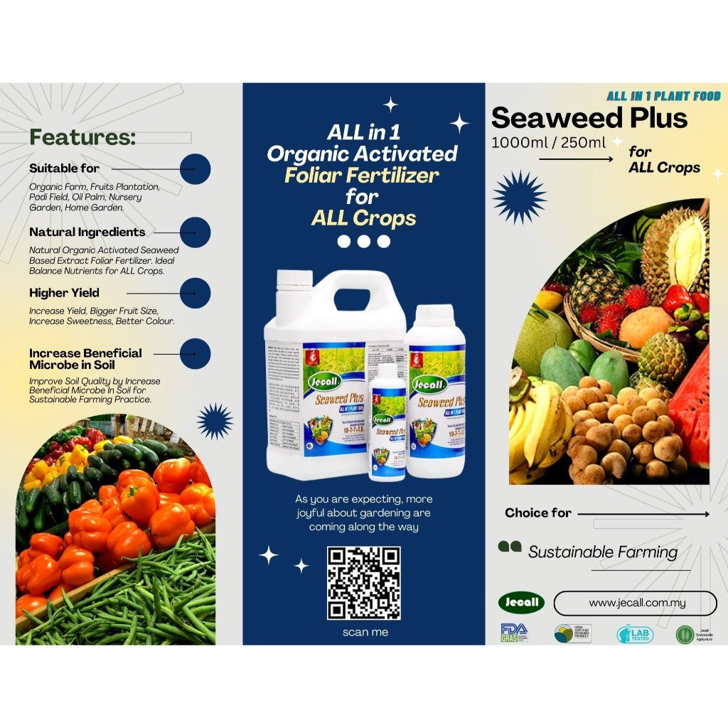 Jecall-Bio Seaweed Plus 250ml – Baja Foliar Organik All-in-1, Untuk Buah, Pokok & Tanaman, Seaweed Fertilizer