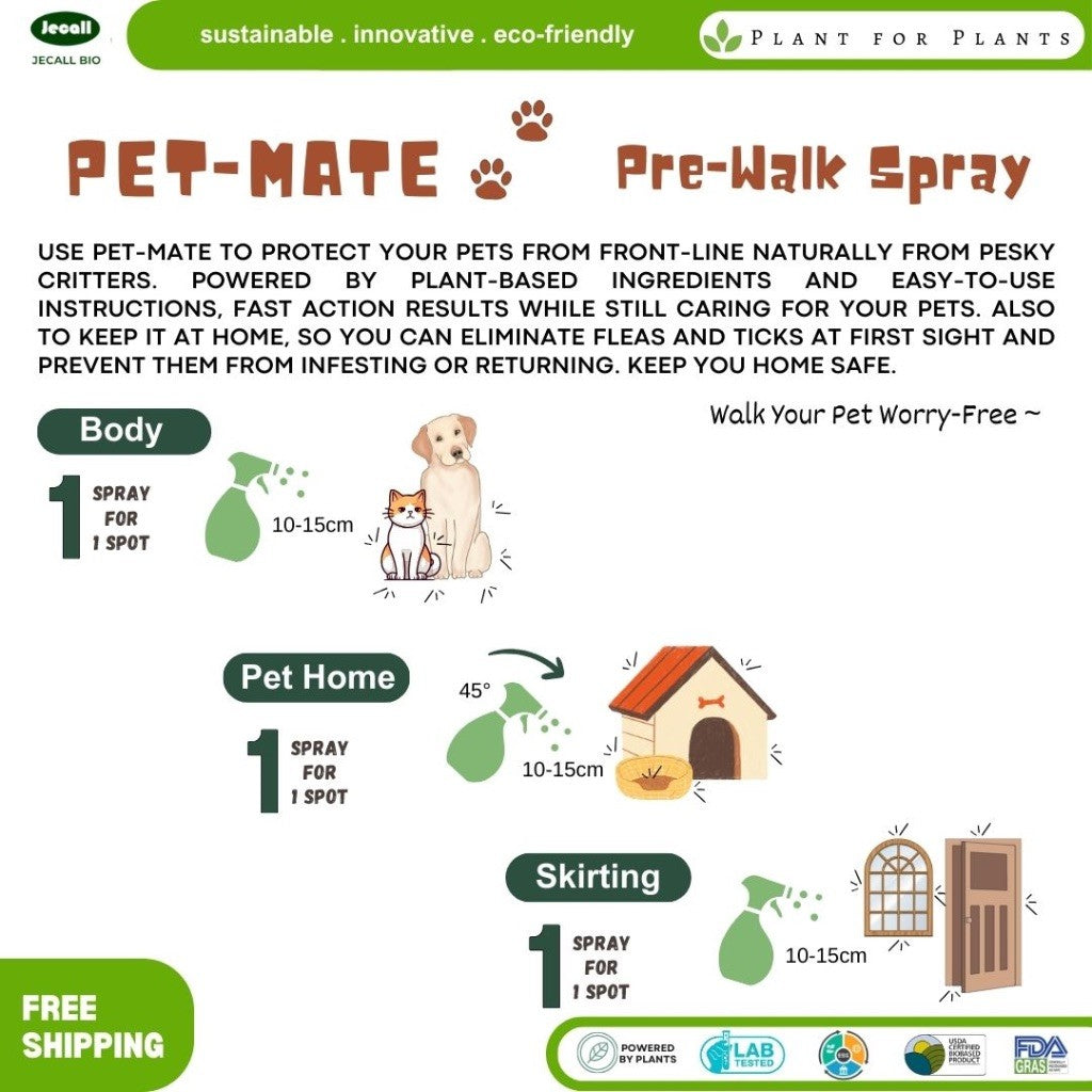 Jecall-Bio PET-MATE Pre-Walk Spray 250ml – Ubat Kutu Semula Jadi, Repellent Kutu & Hama untuk Anjing & Kucing