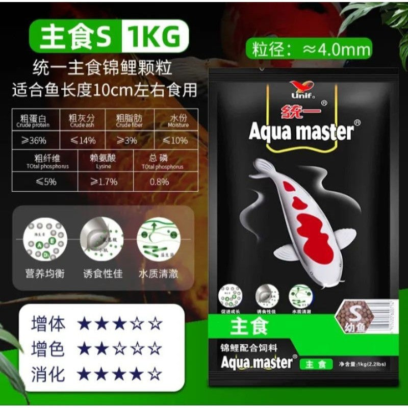Aqua Master Koi Fish Food 1KG Small – Growth | Color Enhancer | Wheat Germ | Staple