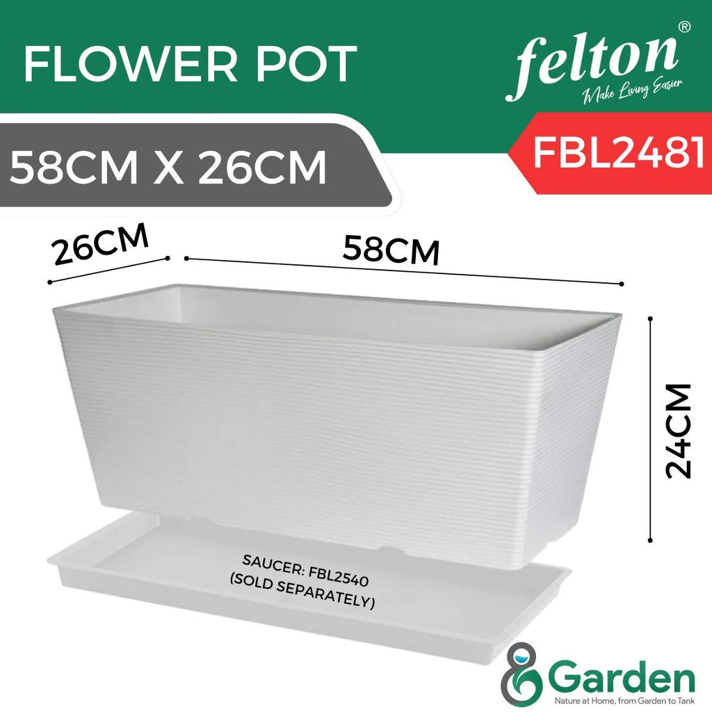 Felton Rectangle Flower Pot FBL2481 (58cm x 26cm x 24cm) – Durable Plastic Planter Box for Indoor & Outdoor Gardening