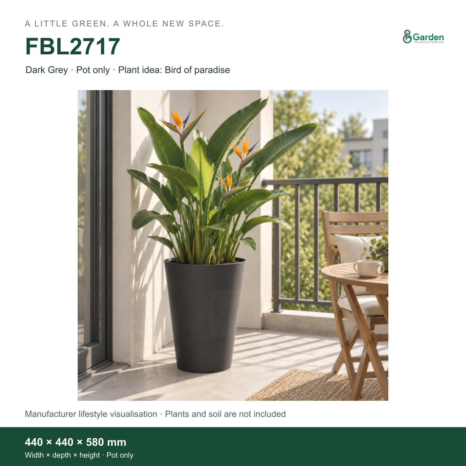 FBL2717 · Dark Grey · Pot only · 440 × 440 × 580 mm · Manufacturer lifestyle visualisation; plants and soil are not included.