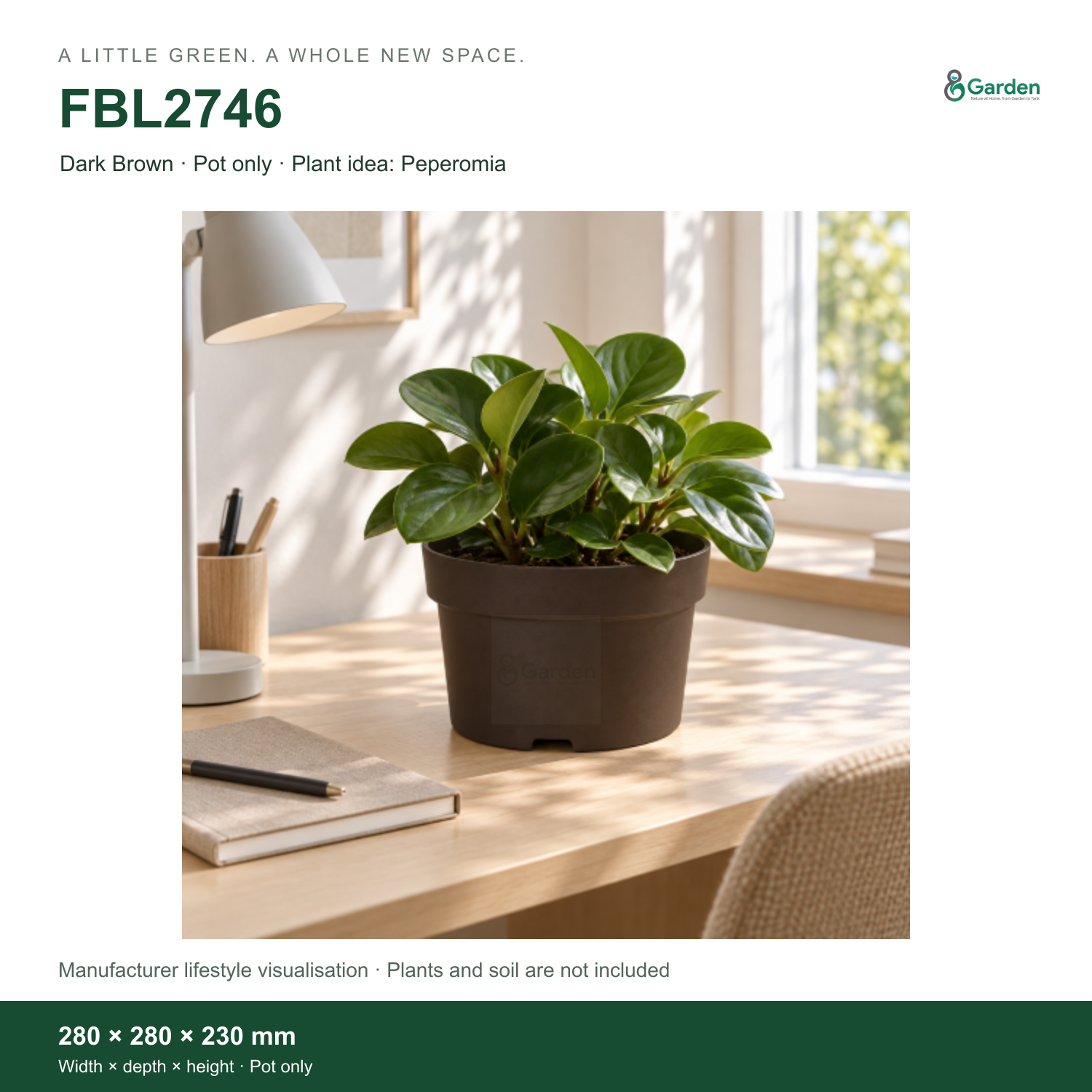 FBL2746 · Dark Brown · Pot only · 280 × 280 × 230 mm · Manufacturer lifestyle visualisation; plants and soil are not included.