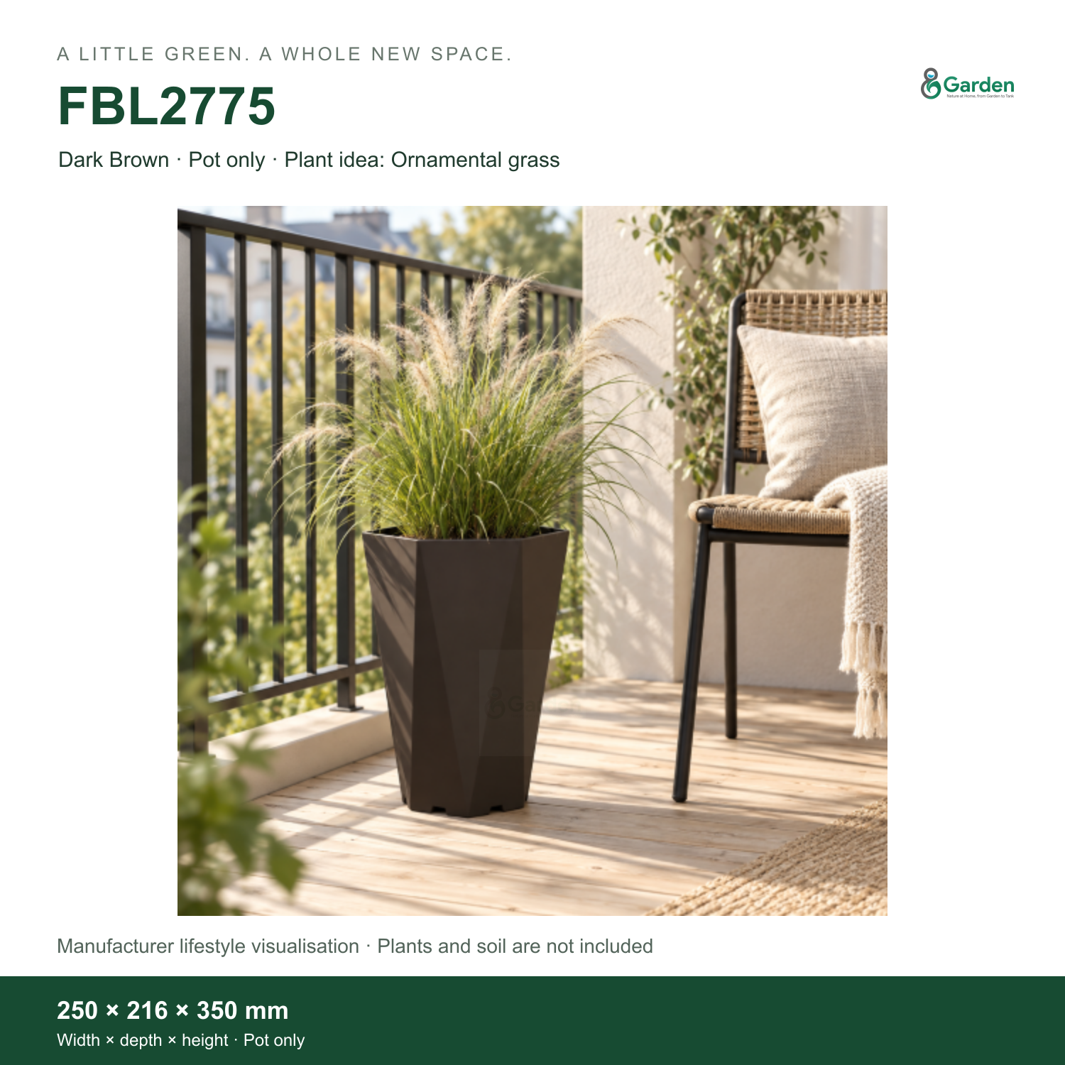 FBL2775 · Dark Brown · Pot only · 250 × 216 × 350 mm · Manufacturer lifestyle visualisation; plants and soil are not included.