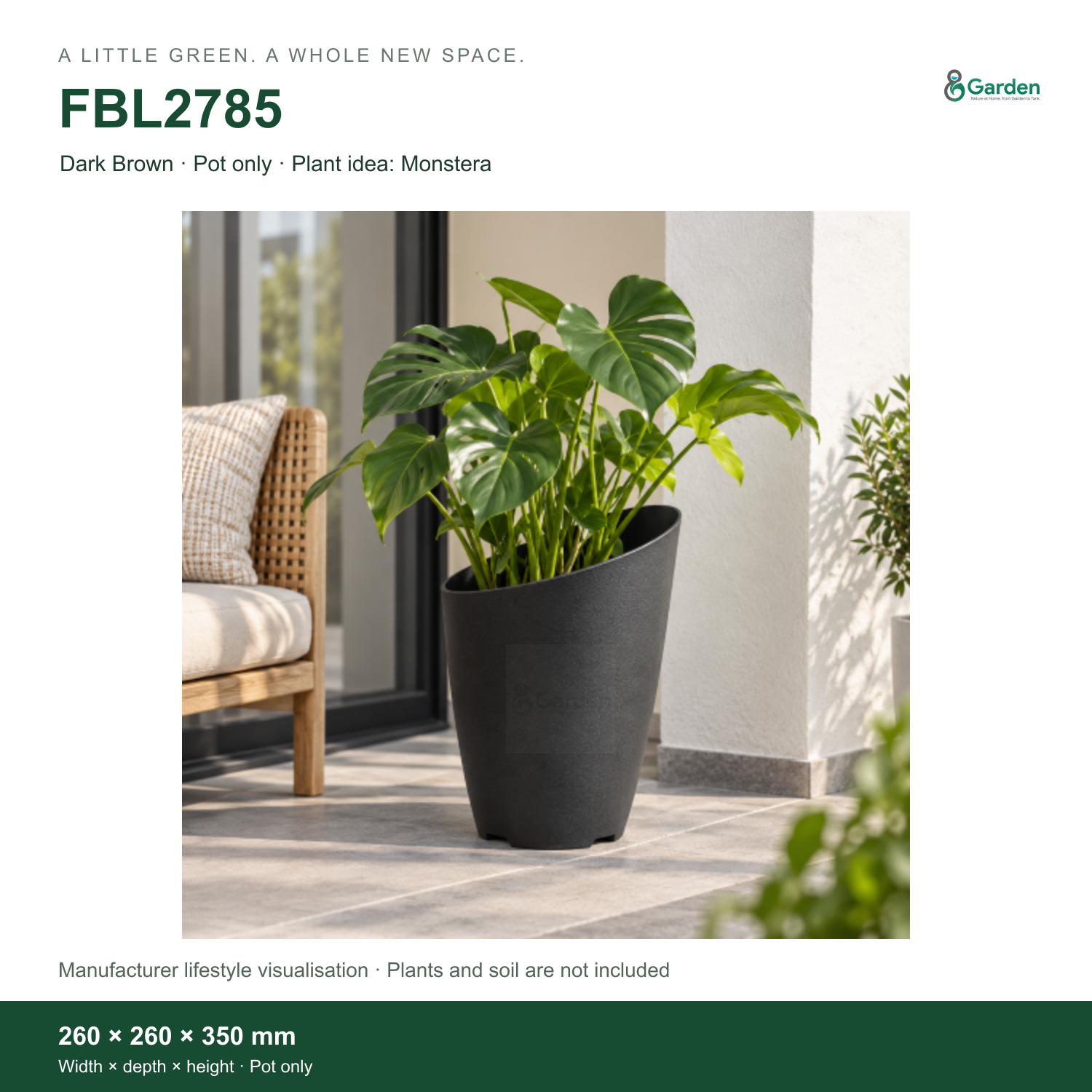 FBL2785 · Dark Brown · Pot only · 260 × 260 × 350 mm · Manufacturer lifestyle visualisation; plants and soil are not included.